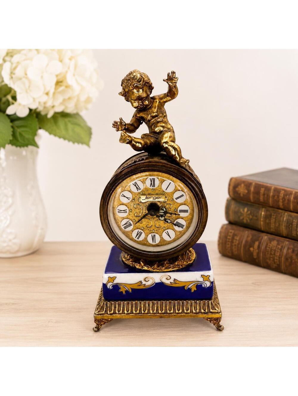 Vintage Jerger Cherub Mantel Clock: Cobalt Blue Porcelain, Gold Gilt, Working